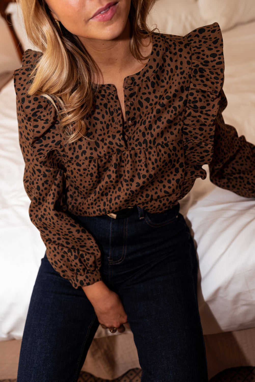 Ruffle Trim Animal Print Blouse