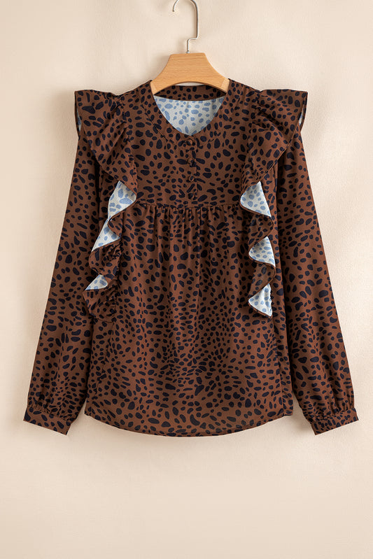 Ruffle Trim Animal Print Blouse