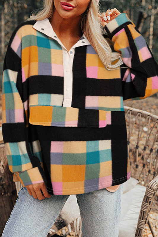 Plaid Half-Snap Collared Pullover